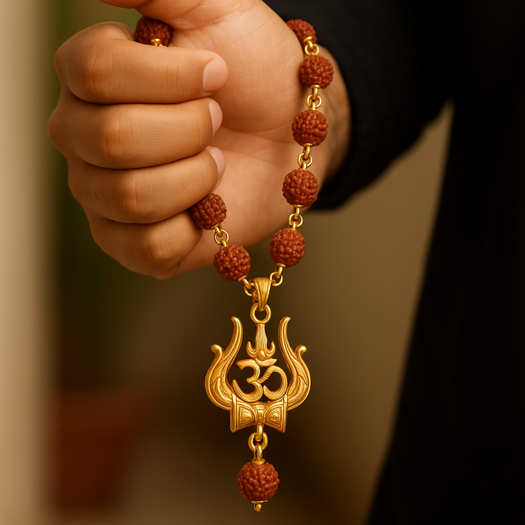 Gold Plated Rudraksha Om Trishul Necklace