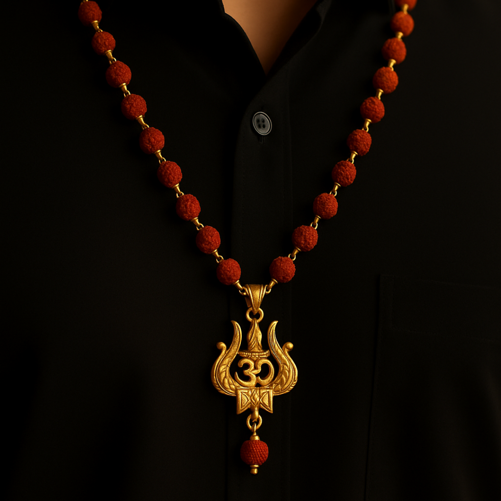 Gold Plated Rudraksha Om Trishul Necklace