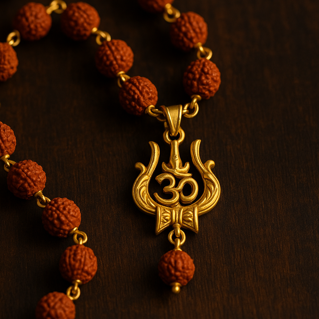 Gold Plated Rudraksha Om Trishul Necklace