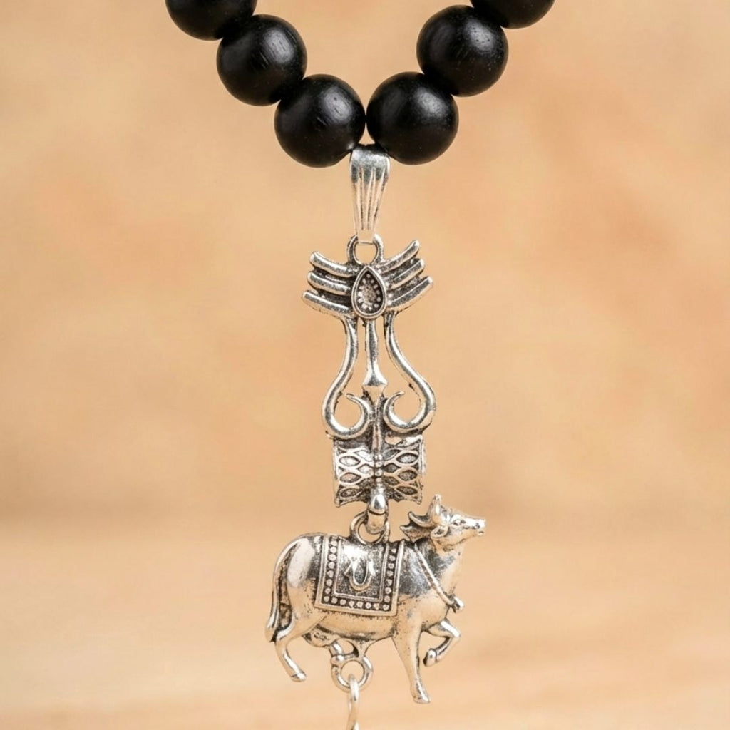 108 beads Karungali Mala with Shiv Trishul & Nandi Pendant