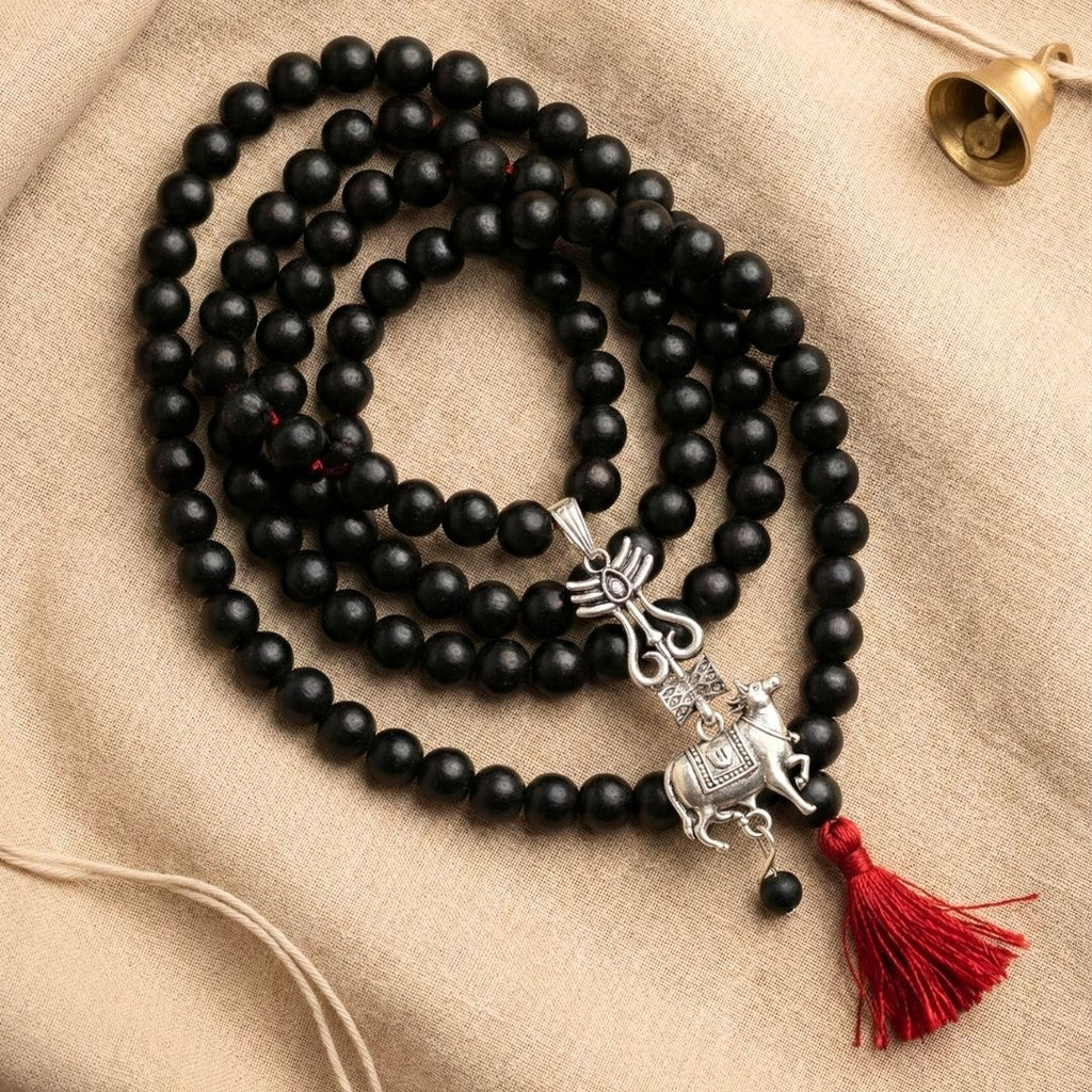 108 beads Karungali Mala with Shiv Trishul & Nandi Pendant