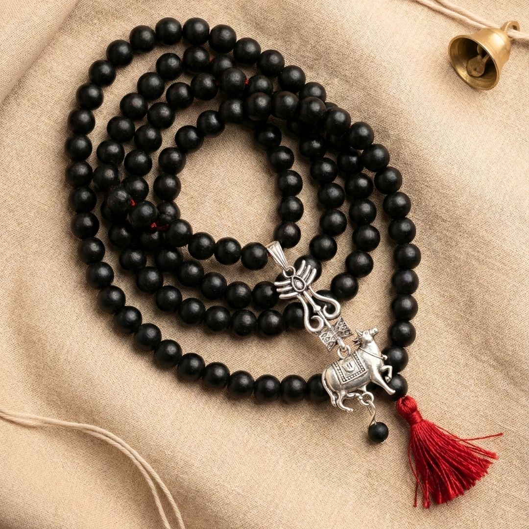 108 beads Karungali Mala with Shiv Trishul & Nandi Pendant