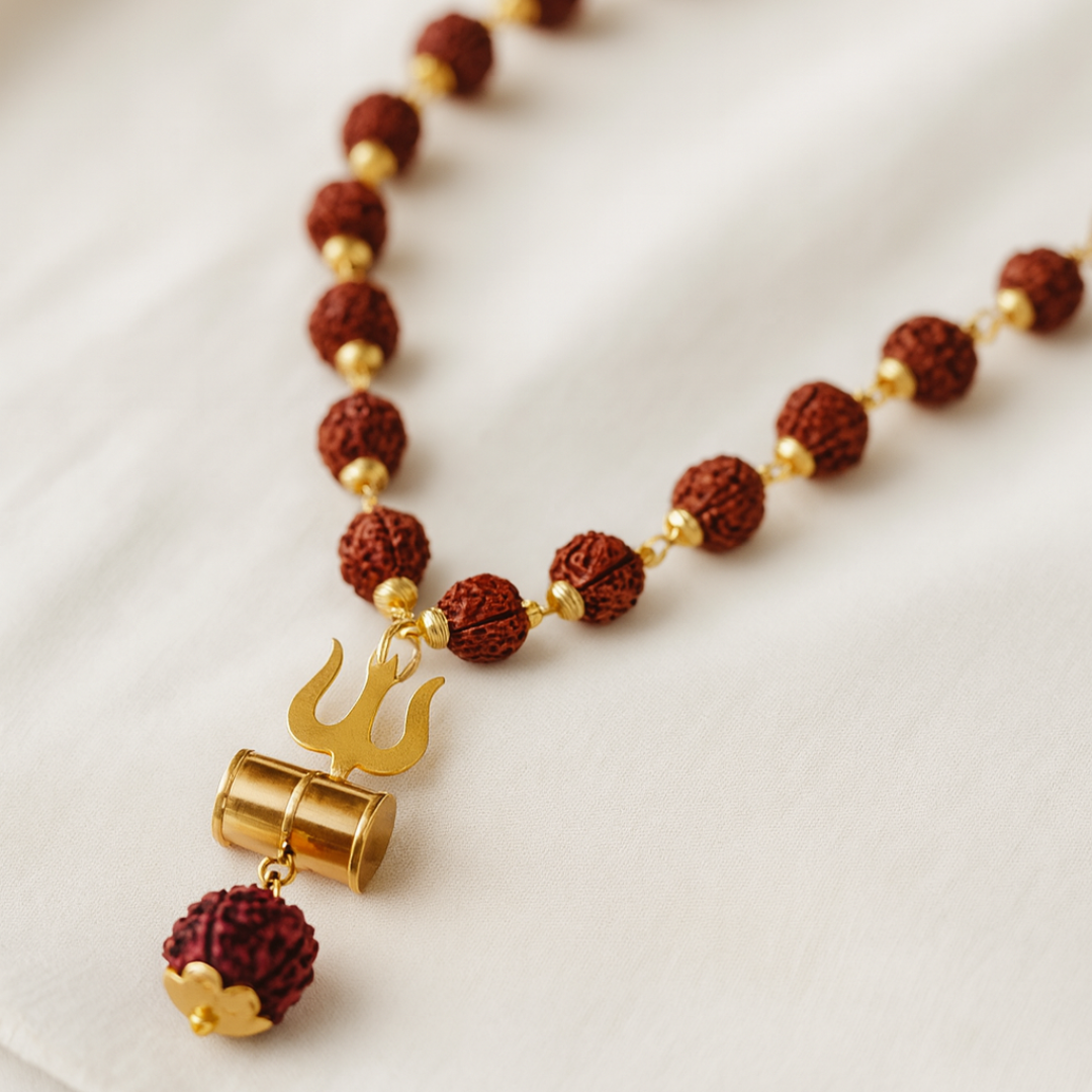 Gold Plated Rudraksha Trishul Necklace