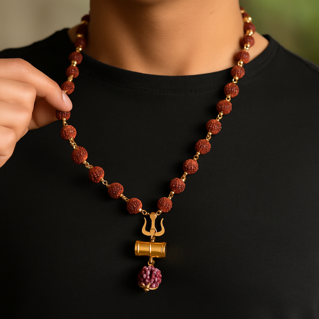 Gold Plated Rudraksha Trishul Necklace