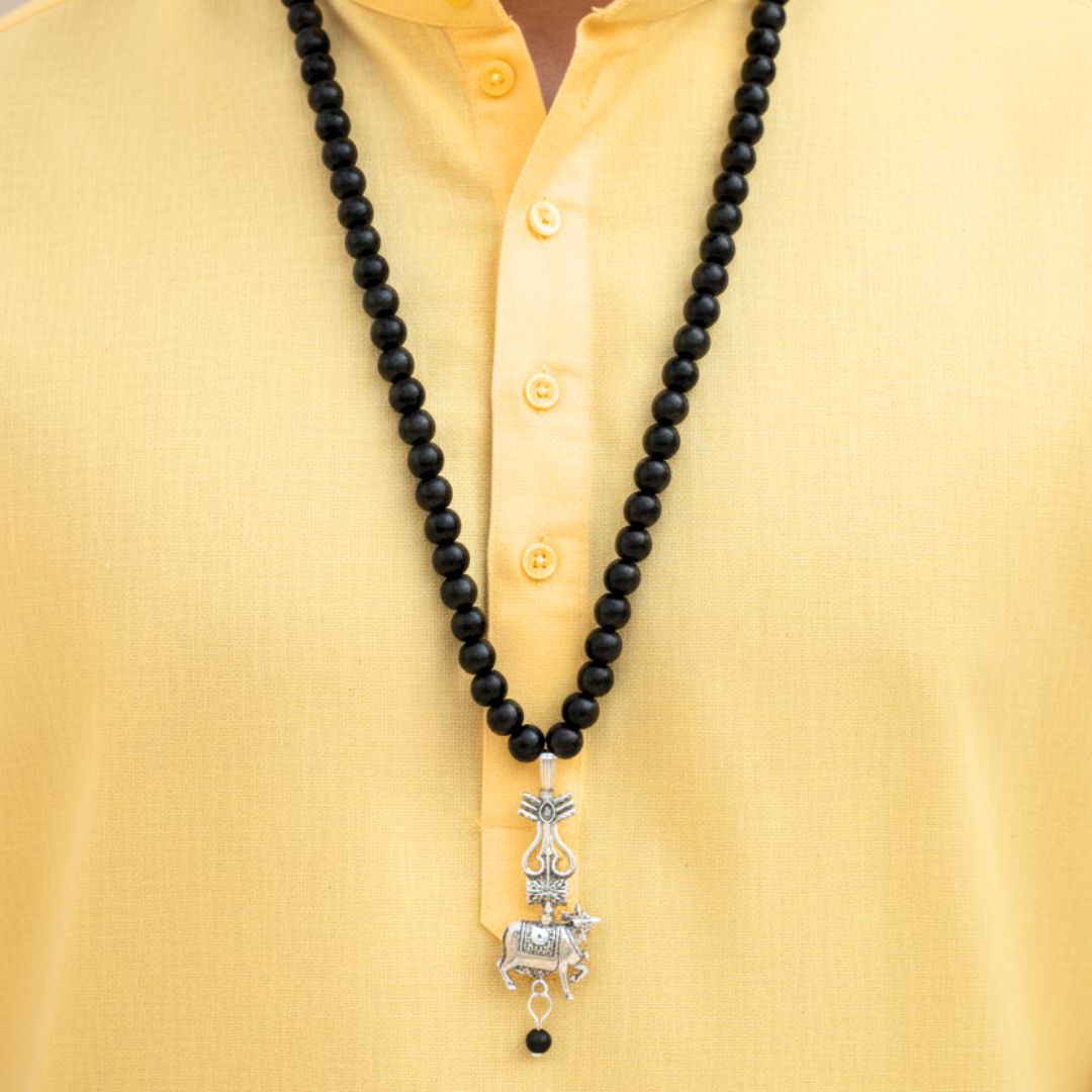 108 beads Karungali Mala with Shiv Trishul & Nandi Pendant