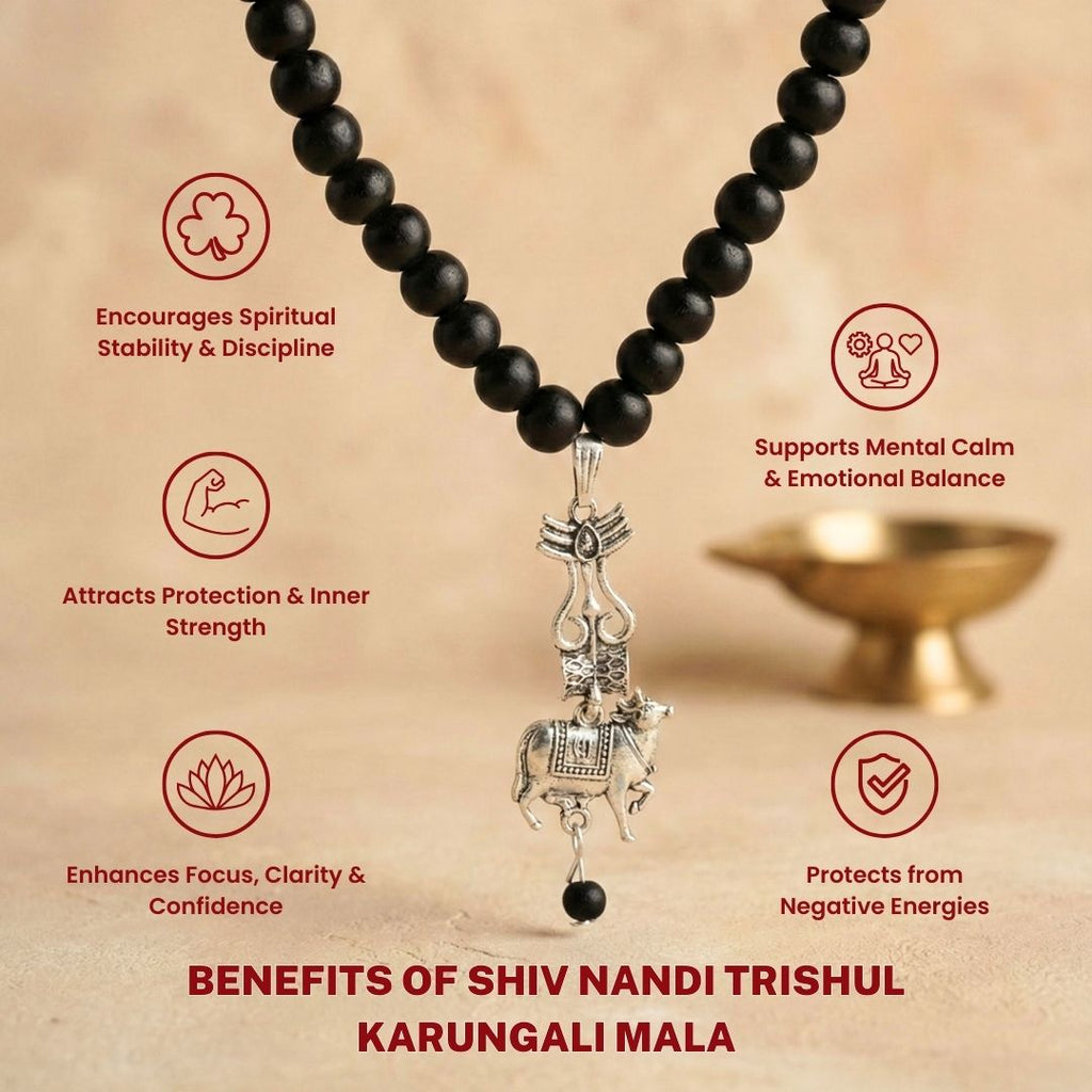 108 beads Karungali Mala with Shiv Trishul & Nandi Pendant